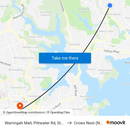 Warringah Mall, Pittwater Rd, Stand B to Crows Nest (NSW) map