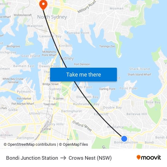 Bondi Junction Station to Crows Nest (NSW) map