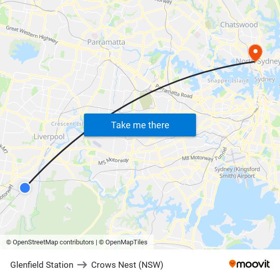 Glenfield Station to Crows Nest (NSW) map