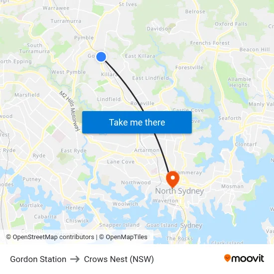 Gordon Station to Crows Nest (NSW) map