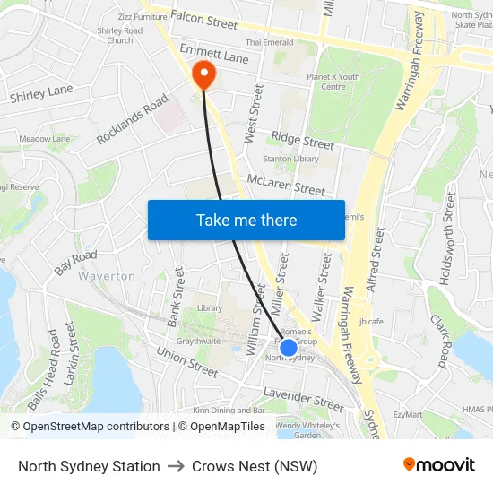 North Sydney Station to Crows Nest (NSW) map