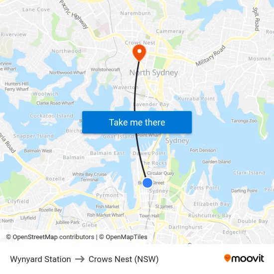 Wynyard Station to Crows Nest (NSW) map