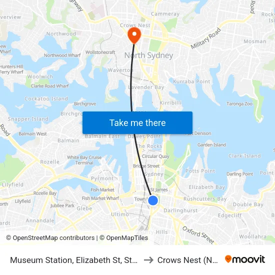 Museum Station, Elizabeth St, Stand C to Crows Nest (NSW) map