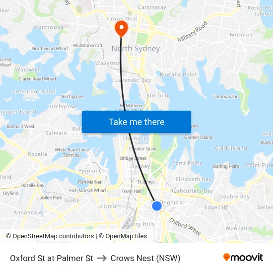 Oxford St at Palmer St to Crows Nest (NSW) map