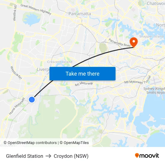 Glenfield Station to Croydon (NSW) map