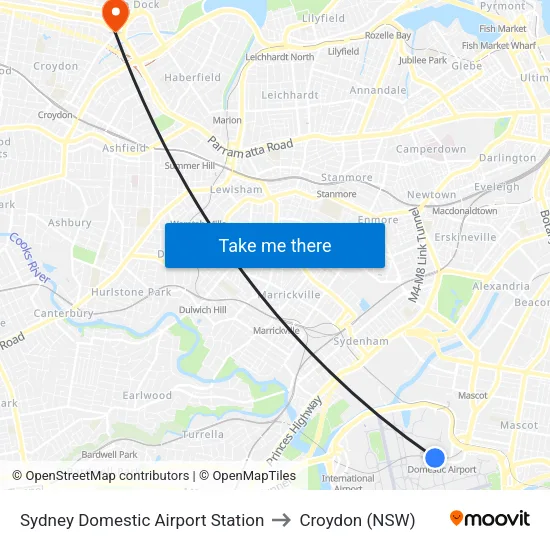 Sydney Domestic Airport Station to Croydon (NSW) map