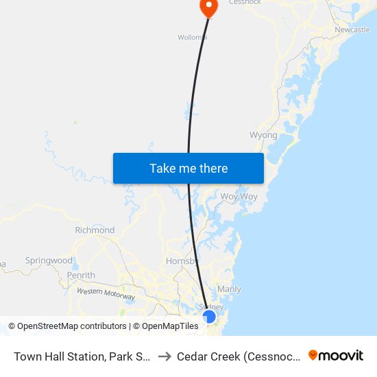 Town Hall, Park St, Stand J to Cedar Creek (Cessnock - NSW) map