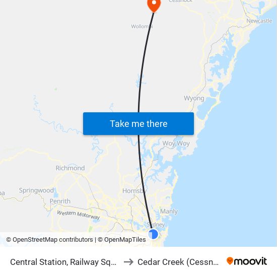 Central Station, Railway Square, Stand M to Cedar Creek (Cessnock - NSW) map