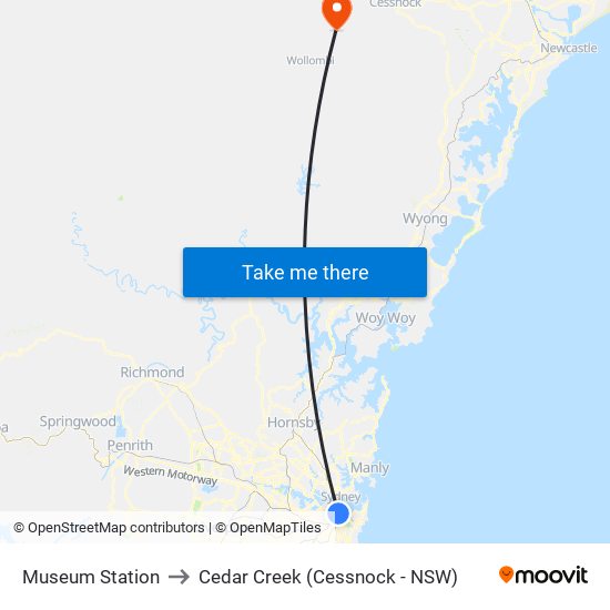 Museum Station to Cedar Creek (Cessnock - NSW) map