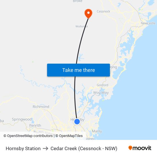 Hornsby Station to Cedar Creek (Cessnock - NSW) map