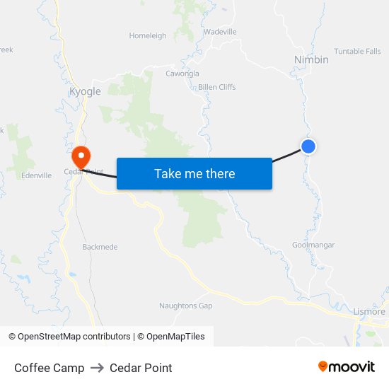 Coffee Camp to Cedar Point map