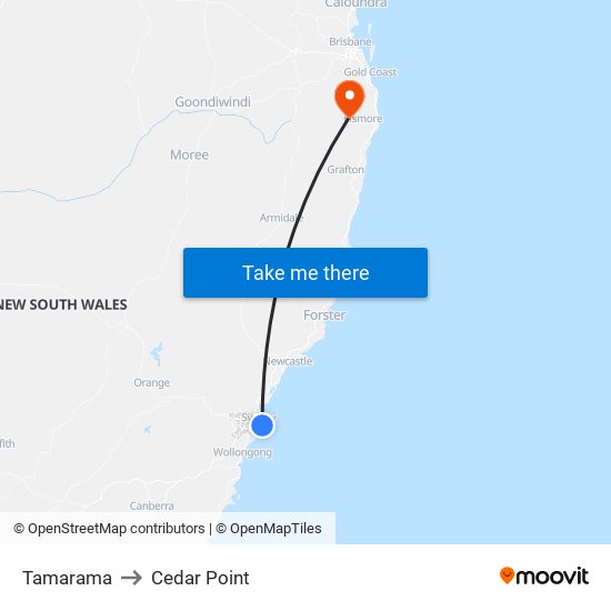 Tamarama to Cedar Point map