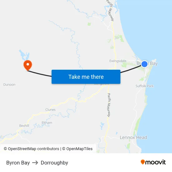 Byron Bay to Dorroughby map