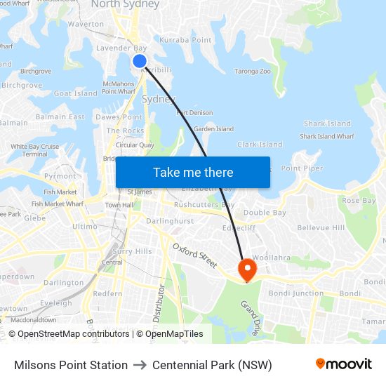 Milsons Point Station to Centennial Park (NSW) map