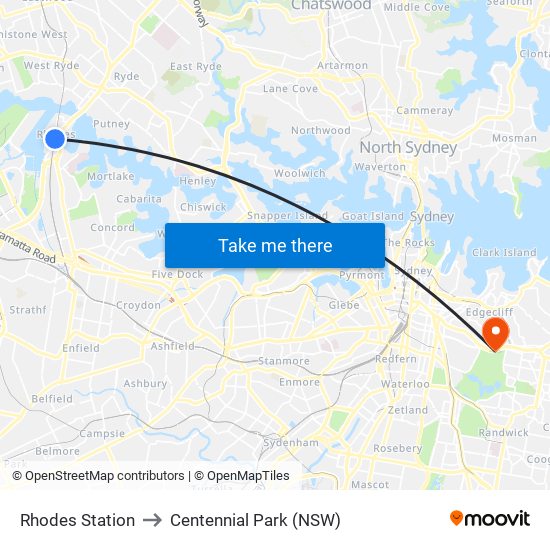 Rhodes Station to Centennial Park (NSW) map