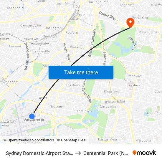 Sydney Domestic Airport Station to Centennial Park (NSW) map