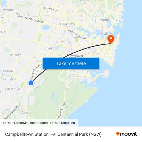 Campbelltown Station to Centennial Park (NSW) map