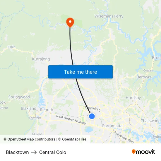 Blacktown to Central Colo map