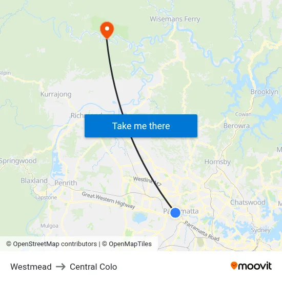 Westmead to Central Colo map