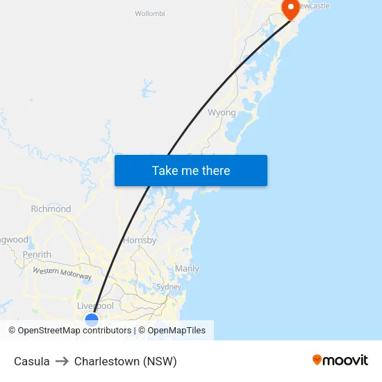 Casula to Charlestown (NSW) map