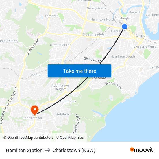 Hamilton Station to Charlestown (NSW) map