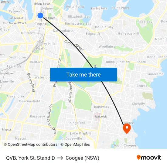 QVB, York St, Stand D to Coogee (NSW) map
