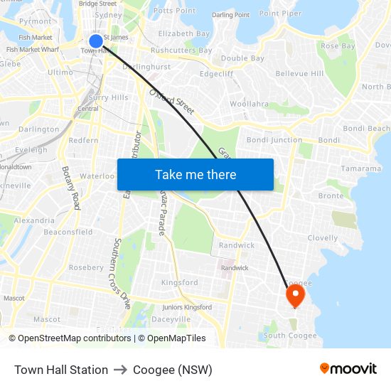 Town Hall Station to Coogee (NSW) map