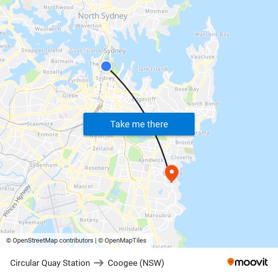 Circular Quay Station to Coogee (NSW) map