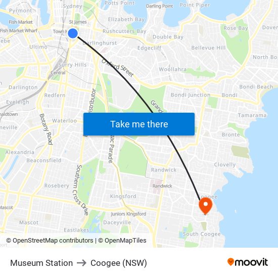 Museum Station to Coogee (NSW) map