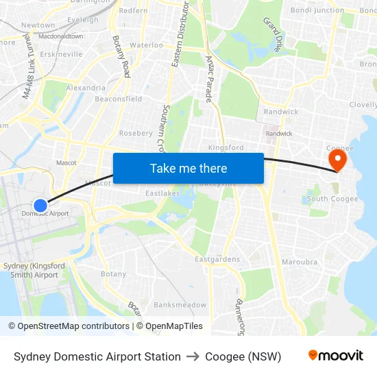 Sydney Domestic Airport Station to Coogee (NSW) map