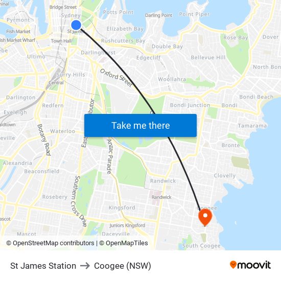 St James Station to Coogee (NSW) map