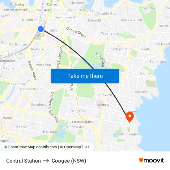 Central Station to Coogee (NSW) map