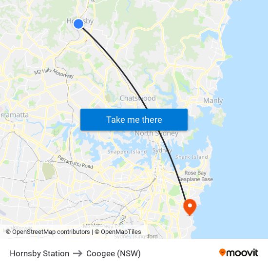 Hornsby Station to Coogee (NSW) map