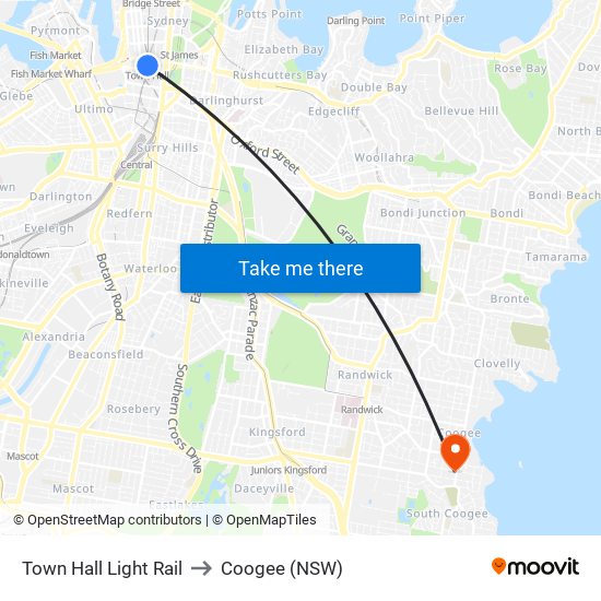 Town Hall Light Rail to Coogee (NSW) map