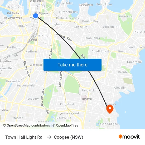 Town Hall Light Rail to Coogee (NSW) map