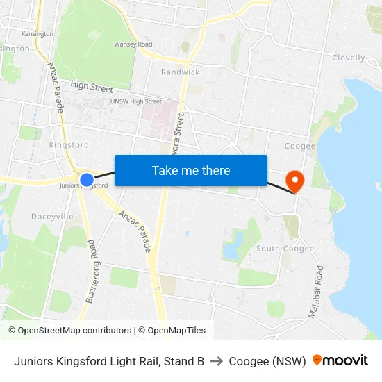 Juniors Kingsford Light Rail, Stand B to Coogee (NSW) map