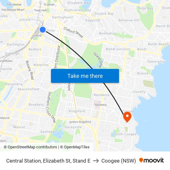 Central Station, Elizabeth St, Stand E to Coogee (NSW) map