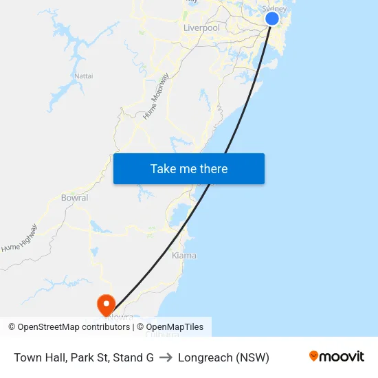 Town Hall, Park St, Stand G to Longreach (NSW) map