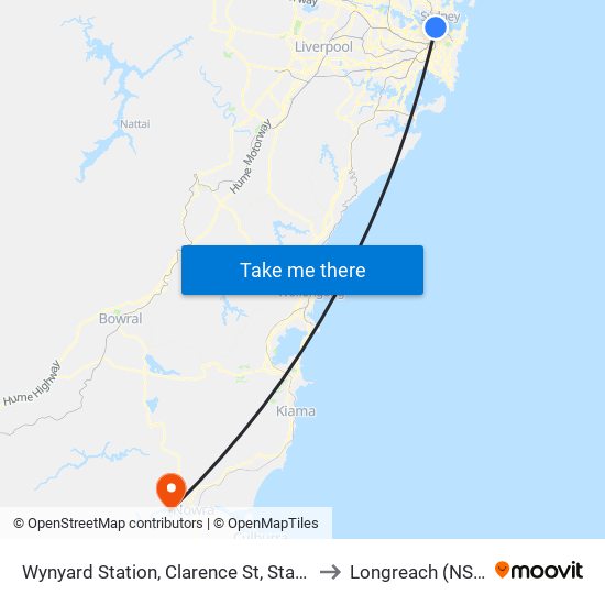 Wynyard Station, Clarence St, Stand Q to Longreach (NSW) map