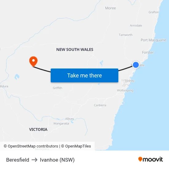 Beresfield to Ivanhoe (NSW) map