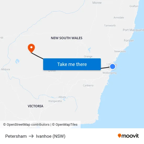 Petersham to Ivanhoe (NSW) map