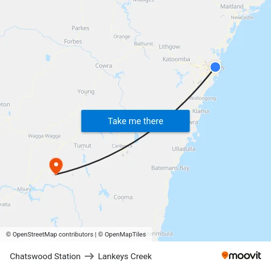 Chatswood Station to Lankeys Creek map