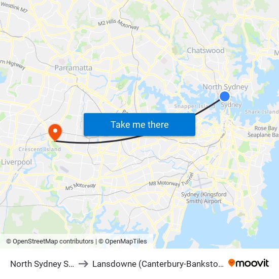 North Sydney Station to Lansdowne (Canterbury-Bankstown - NSW) map