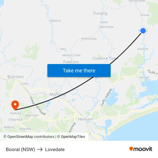 Booral (NSW) to Lovedale map