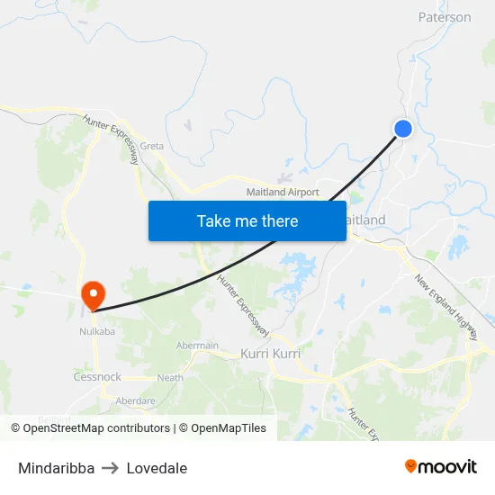 Mindaribba to Lovedale map