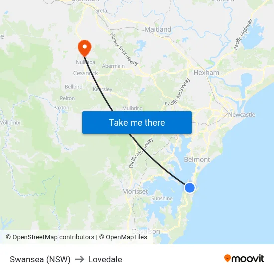 Swansea (NSW) to Lovedale map