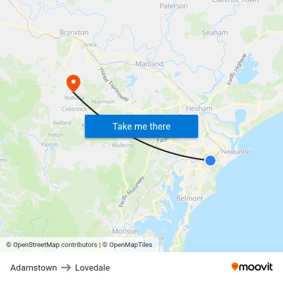 Adamstown to Lovedale map