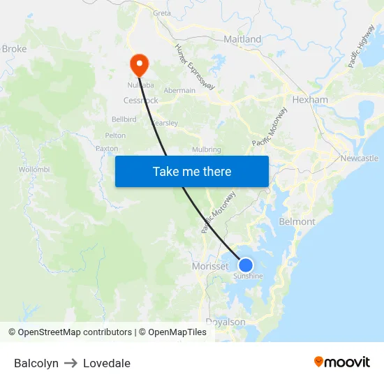 Balcolyn to Lovedale map