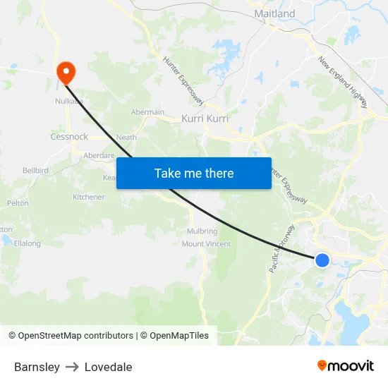 Barnsley to Lovedale map