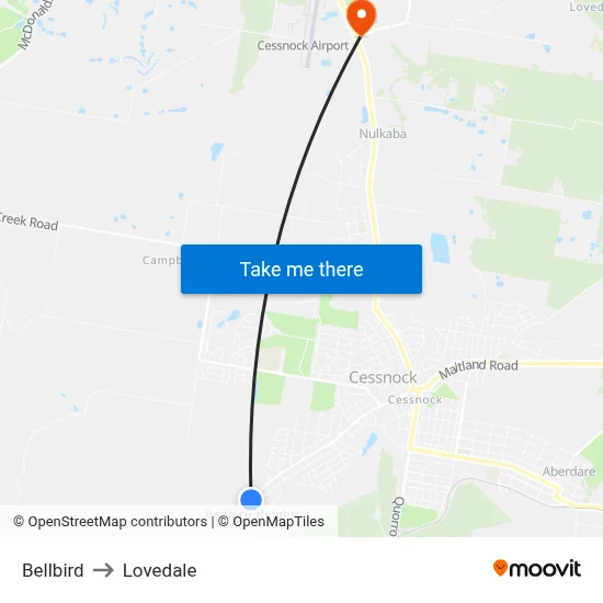 Bellbird to Lovedale map
